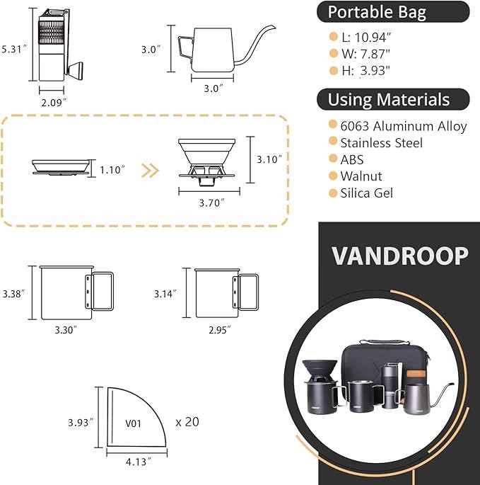 Pour Over Coffee Maker Set, ALL in 1 Portable Set- Manual Coffee Grinder with Stainless Steel Conical Burr, Collapsible Silicone Coffee Dripper Set, Coffee Gooseneck Kettle