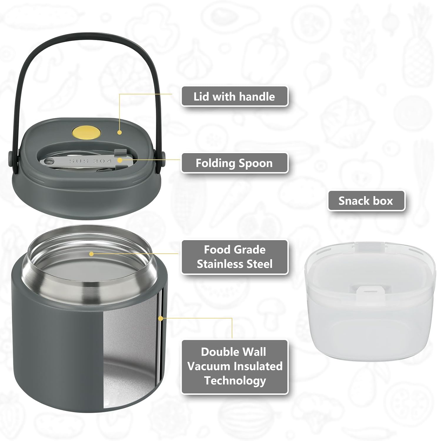 2 - in - 1 Soup Thermo for Hot Food 14oz with Snack Box Container Leak Proof Insulated Lunch Container Kids and Adults Stainless Steel Double Wall Vacuum Wide-mouth Thermal with Spoon and Handle - Blissbrew