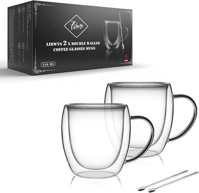 LIBWYS 12oz Double Walled Coffee Cups Glasses Mugs, Espresso Cappuccino Latte Tea Cups with Handle 350ml (2x250ml)