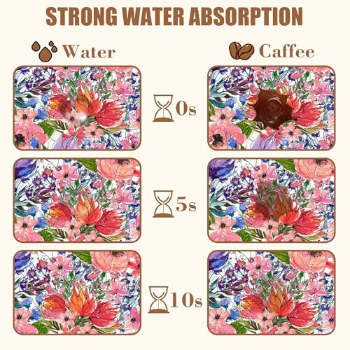 Dish Drying Mat Watercolor Colorful Floral Coffee Bar Mat for Countertop Absorbent Coffee Mat Rubber Backed Hide Stain Dish Drainer Rack Mat Coffee Maker Coffee Pot Dining Room Decor 11.8 x 19.7 Inch