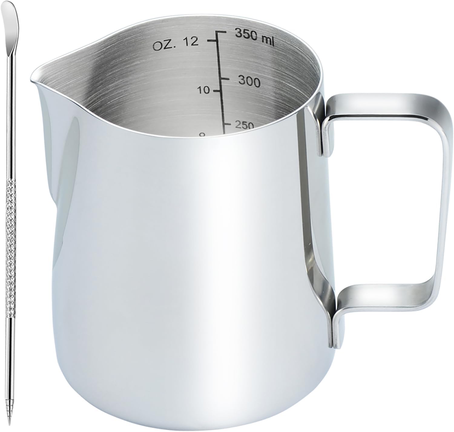CAMKYDE Stainless Steel Milk Frothing Pitcher 12 oz, Espresso Steaming Pitcher with Decorating Pen for Espresso Machines, Cappuccino, Latte Art (Silver)