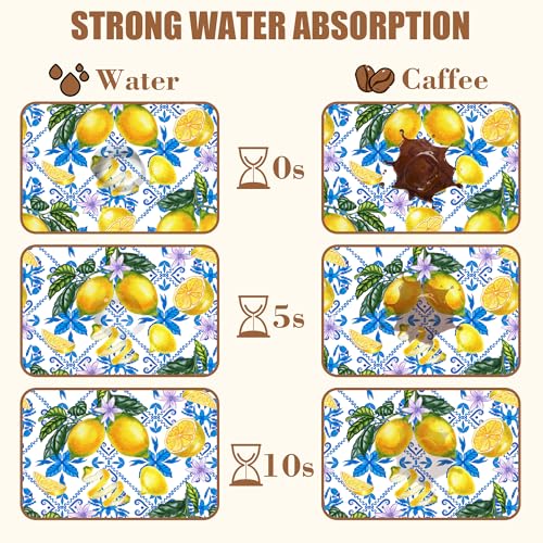 Lemon Fruit and Purple Flower Coffee Mat Absorbent Dish Drying Mat for Kitchen Counter Hide Stain Rubber Backed Coffee Bar Accessories Fit Under Espresso Machine Dish Drainer