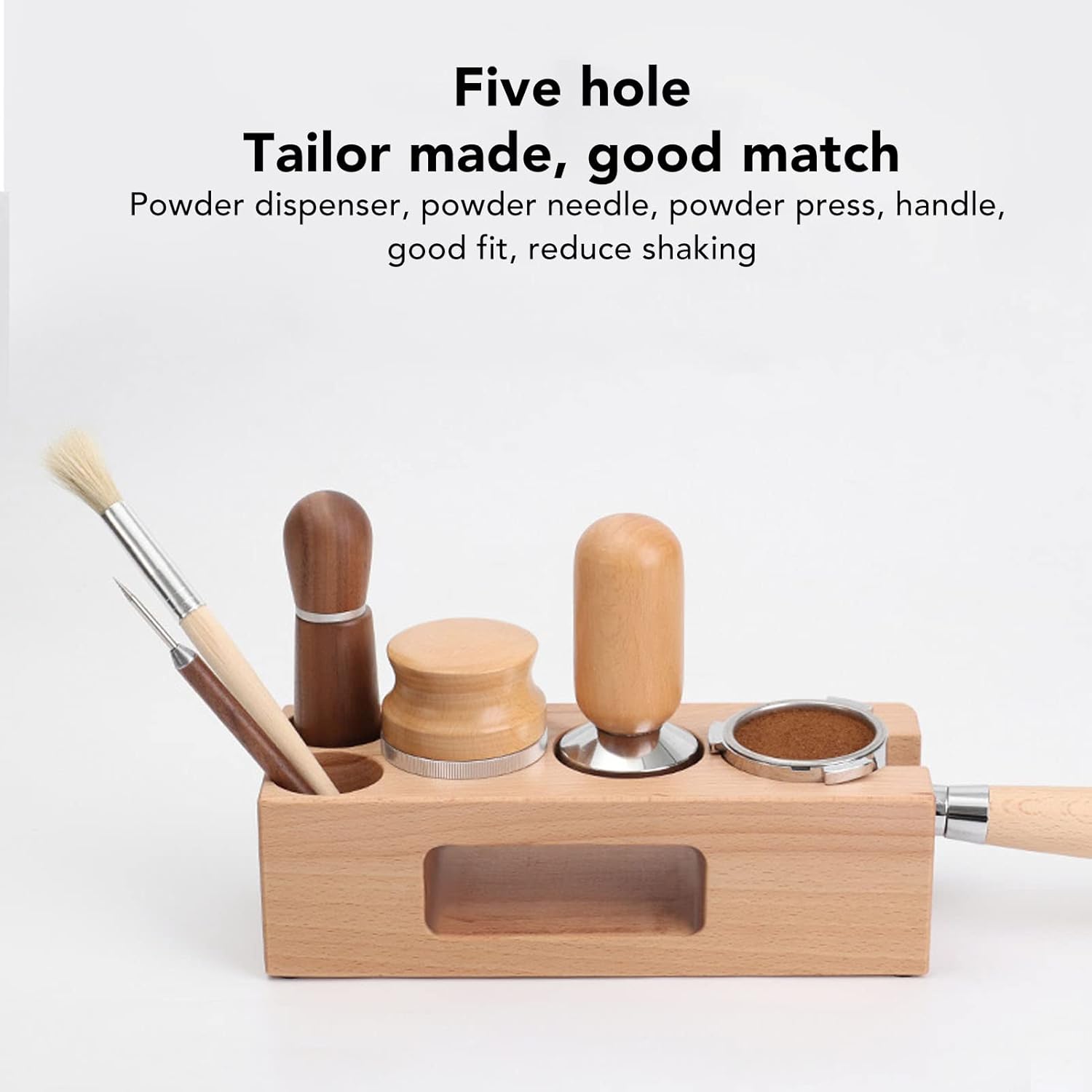 Tamping Station, Tamper Station, Wooden Coffee Portafilter Holder, 5 Hole, With Mat, for Cafes, Home, Kitchens