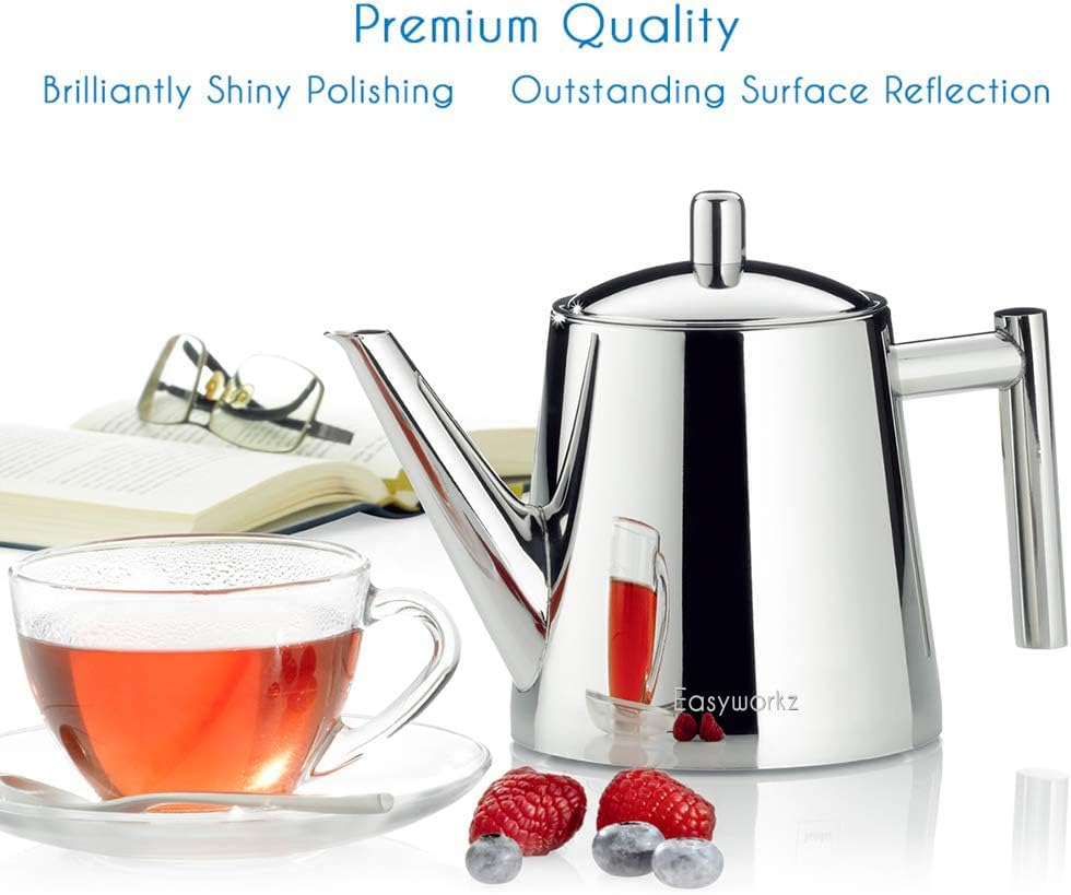 Stainless Steel Double Wall 34 oz Tea Pot with Removable Tea Infuser