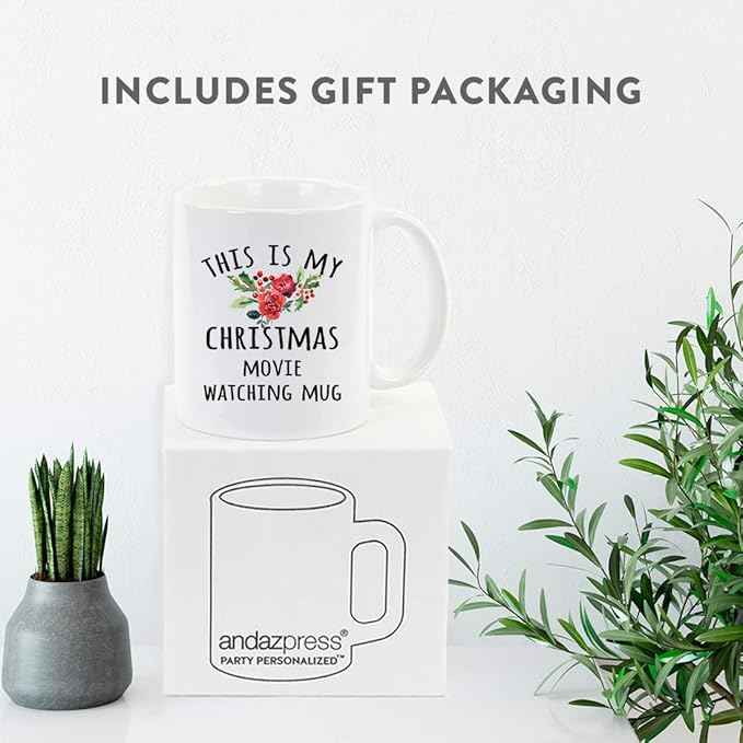 Andaz Press Christmas Winter Holiday 11oz. Coffee Mug, This is My Christmas Movie Watching Mug, Florals, 1-Pack, Cozy Christmas Hot Chocolate Cup Ideas for Him Her Coworker