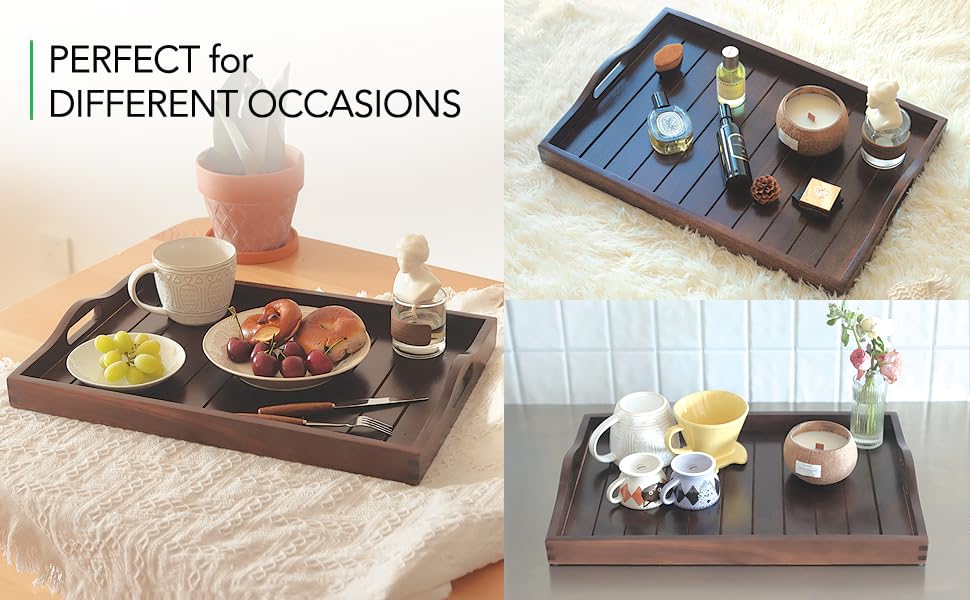 Large Acacia Wooden Serving Tray with Handles 20 x 14 inch Decorative Coffee Table Ottoman Tray for Living Room Extra Large for Kitchen Dinner Food Bar Breakfast in Bed