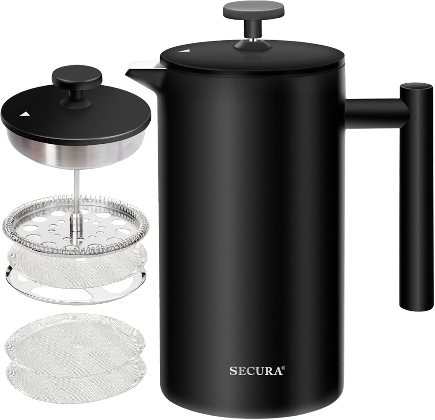 Secura French Press Coffee Maker with 3-Layer Stainless Steel Filter, 34 oz Black, Double-Walled Insulated Design with 2 Extra Filters - Blissbrew