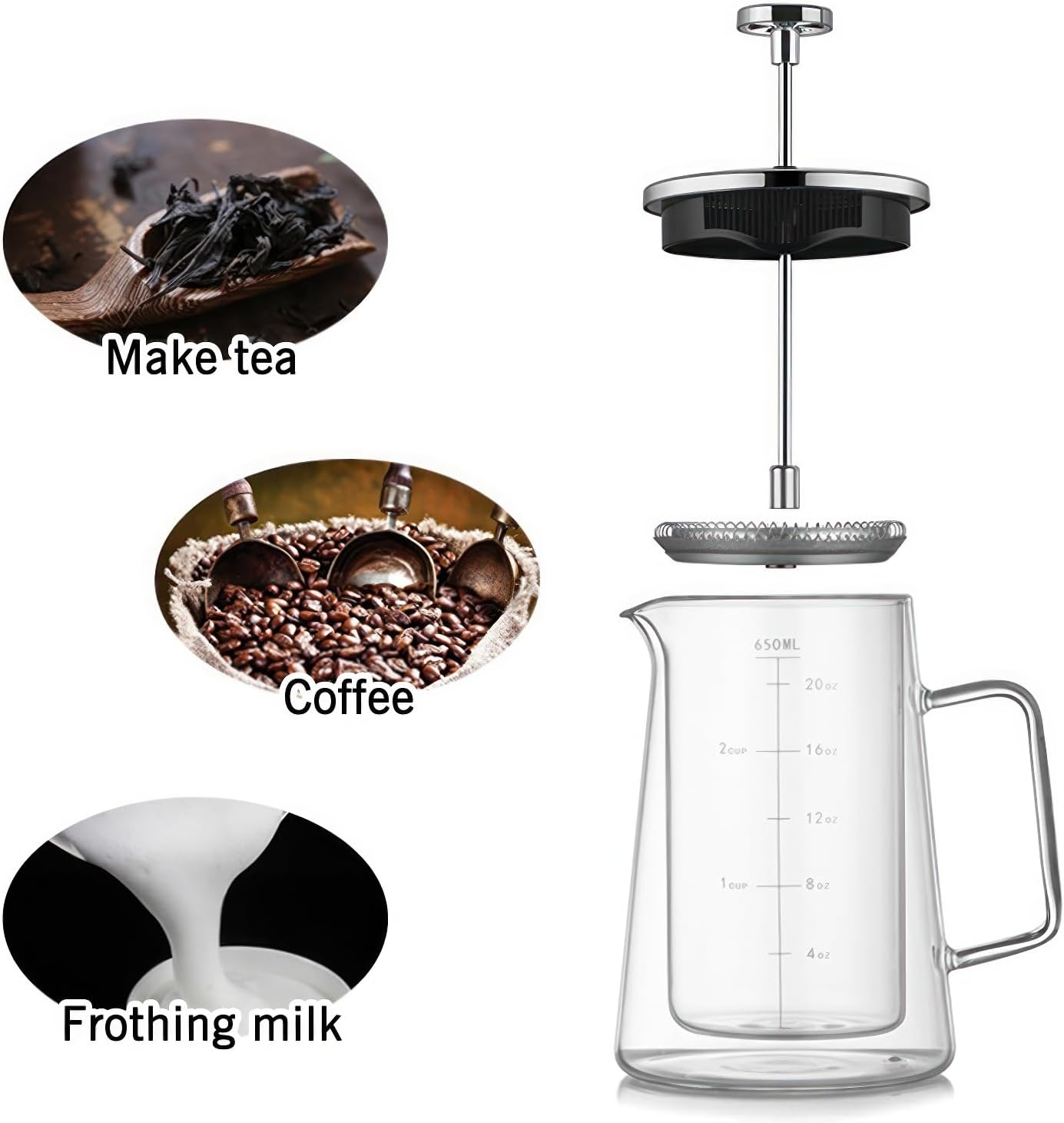 French Press Coffee Maker 22Oz - Double-Wall Insulated Borosilicate Glass - Ergonomic Handle - Coffee Gift - Tea & Coffee Press - Blissbrew