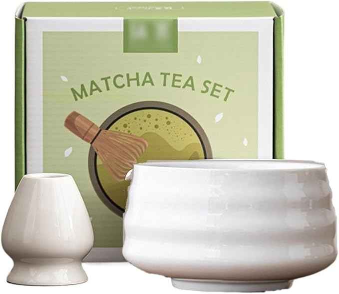 Ceramic Matcha Kit for Breakfast Afternoon Tea Contains Bowl Tea Brush Stand, Visiting Gifts Matcha Bowl Set Entertaining Guests Negotiating Business(White-B)