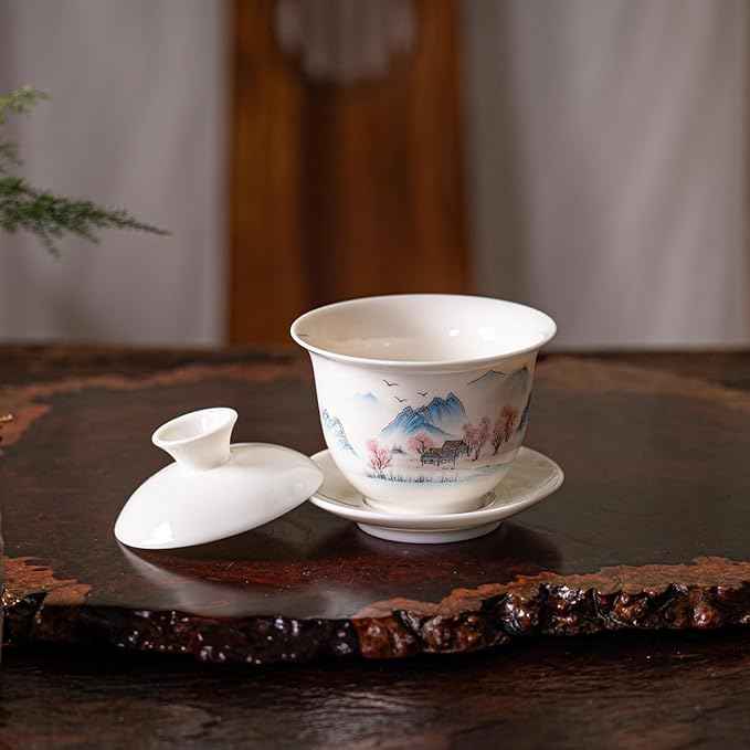 KEYDUACU Gaiwan Chinese Gongfu Tea Set，Asian Adult White Ceramic Tea Set, 6 Cups Suitable for Small Gatherings, Home and Office,Gift Giving(Home-Wild Goose)