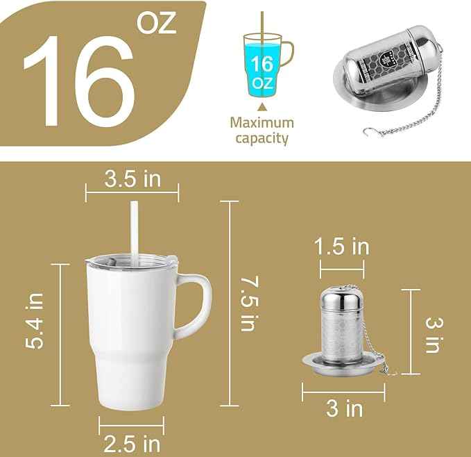 Sweejar Ceramic Tea Cup with Lid, 16 OZ Portable Coffee Mug, Dishwasher Safe Travel Mug with Infuser, Reusable Teacup for Car Cup Holder, Tea Lovers(White)