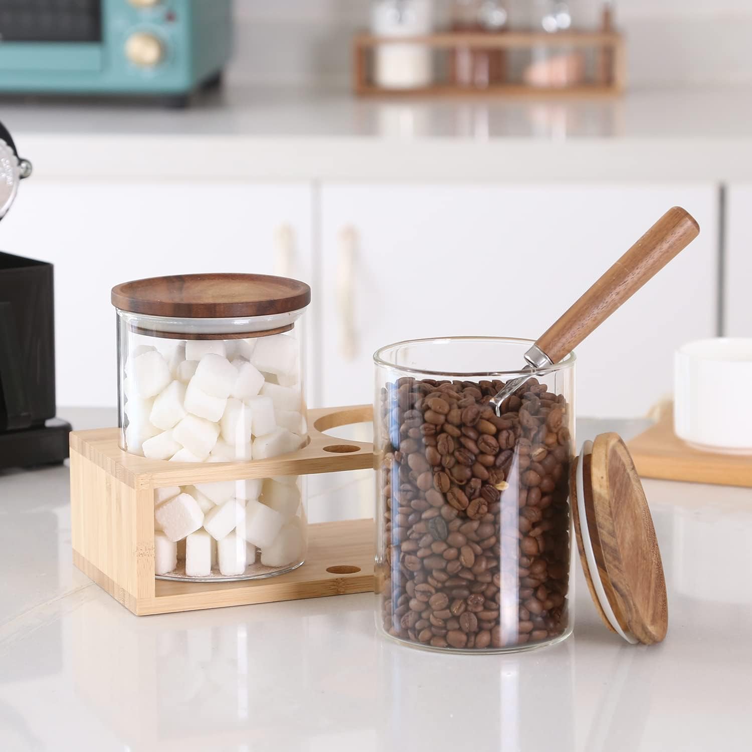 KKC HOME ACCENTS Clear Borosilicate Glass Glass Storage Jars with Airtight Wood Lids,Air Tight Sealed Wooden Top Glass Jars with Spoon for Coffee,Tea,Sugar, 25 OZ (750 ml)