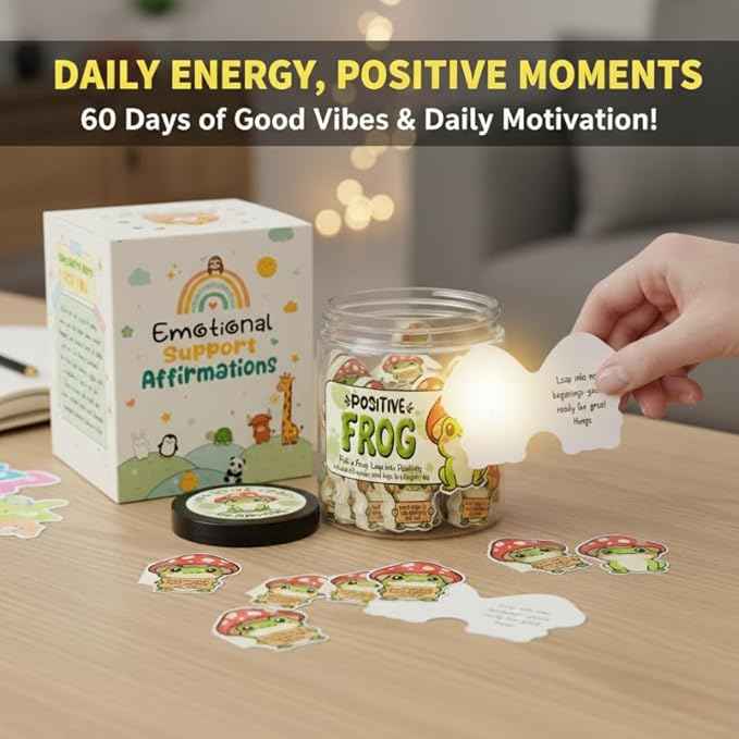 Positive Frog Jar with 60 Affirmation Cards, Emotional Support Gift, Christmas Home Office Decoration, Frog Gifts for Women, Teens, Teachers, Coworkers, Friends, Men