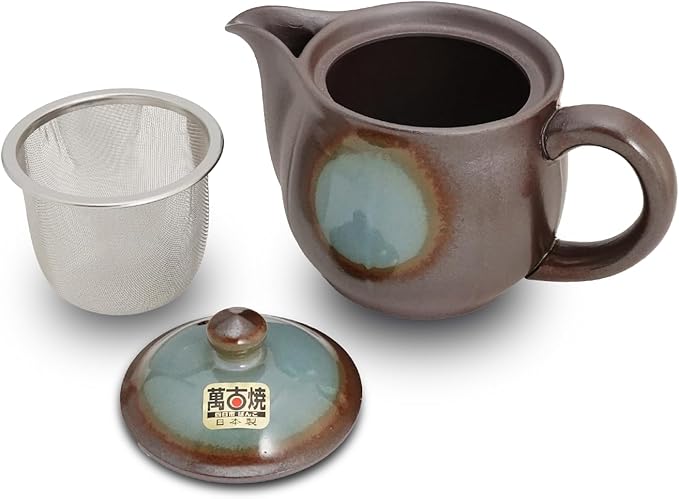 Japanese Banko Ware Teapot with Removable Stainless Steel Strainer - Versatile Pot for Tea, Coffee, and More - Lightweight, Heat-Resistant with Superior Heat Retention (Blue)