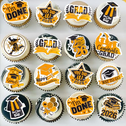 48Pcs Edible Graduation Cap 2026 Cupcake Toppers Wafer Paper Grad Cap Diploma Cake Decoration Picks for 2026 Grad Theme Party Cake Decor Supplies Black Orange (48 Count)