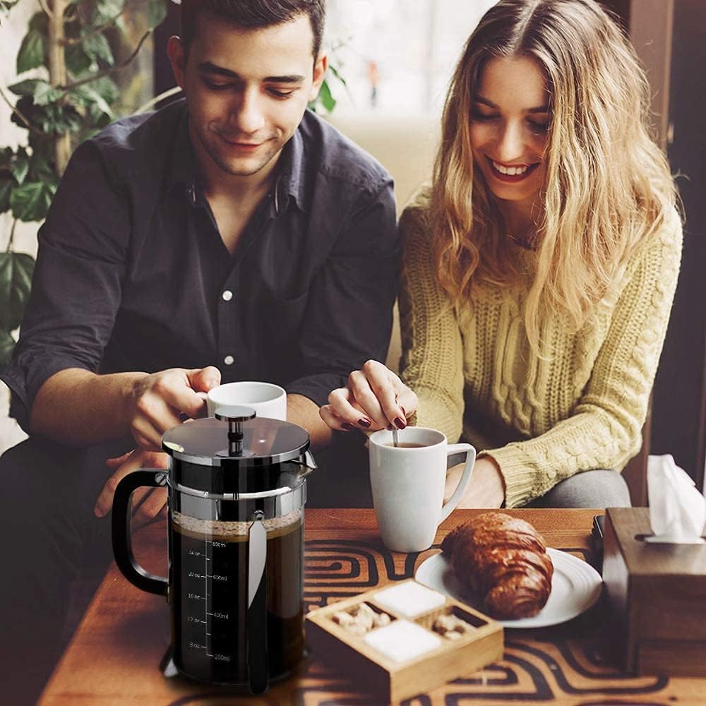 QUQIYSO French Press Coffee Maker 34oz 304 Stainless Steel French Press with 4 Filter, Heat Resistant Durable, Easy to Clean, Borosilicate Glass Coffee Press, 100% BPA Free Glass Teapot, Silver - Blissbrew