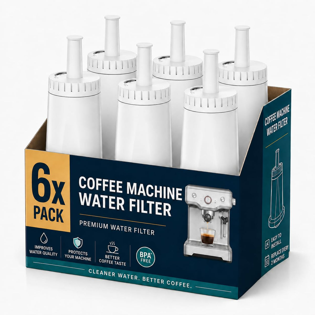 Six-pack of white espresso machine replacement water filters
