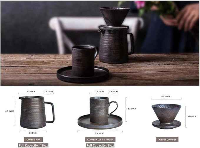 Handmade Stoneware Pour Over Drip Coffee Maker & Cups Set, Coffee Brewer Dripper Cone Filter, Coffee Decanter & Espresso Cups & Saucers Gift Set, Annular Veins Retro Metallic Glazed,16oz