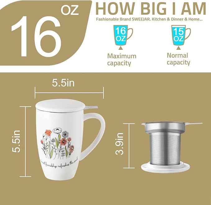 Sweejar Porcelain Tea Infuser Mug with Lid, 16 oz Teacup with Strainers for Loose Leaf Tea, Microwave and Dishwasher Safe Coffee Mug(Onyx Wing)