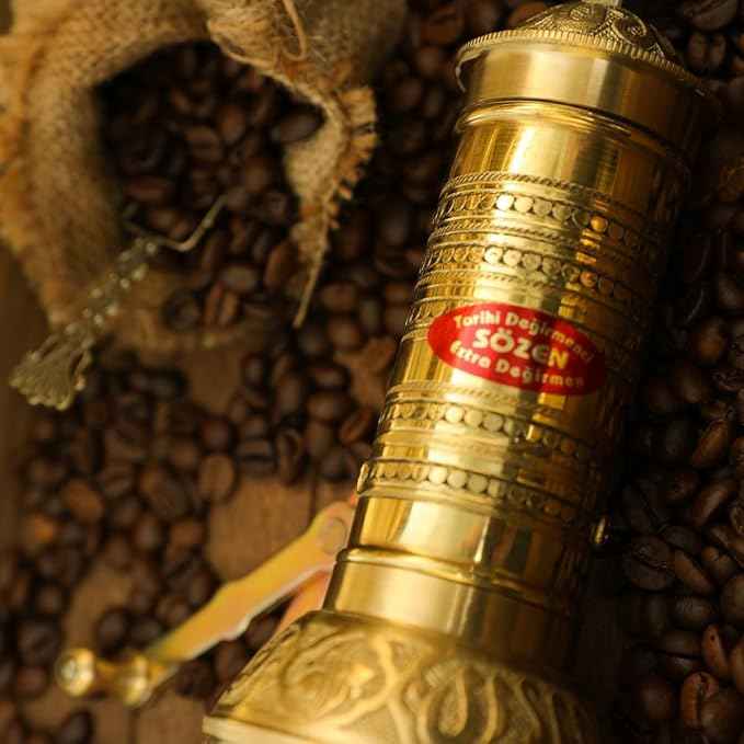 Sozen 7.6" Hammered Manual Coffee Grinder Brass – Hand Crank Burr Mill for Turkish Coffee, French Press, Espresso, Camping & Home Use – Portable Coffee Bean Grinder, Adjustable Conical Grinder