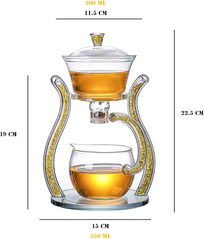 RORA Glass Teapot Set Semi Automatic Drip Rotating with Infuser Lazy Kungfu Tea pot Set (Yellow)
