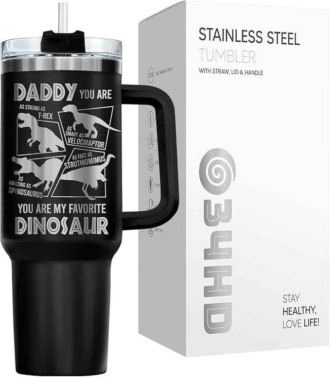 34HD Daddysaurus Tumbler 40oz with Handle Lid and Straw, Funny Like a Normal Daddy But More Awesome Dinosaur Gift, Black Dino Insulated Stainless Steel Cup, Father’s Day & Birthday Present to Papa