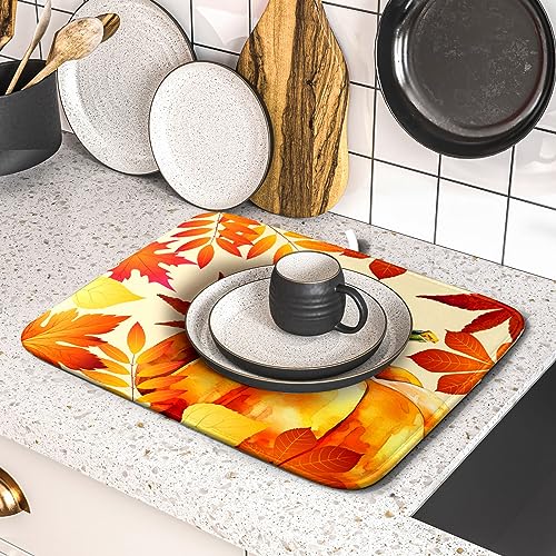 Autumn Pumpkin Maple Leaf Dish Drying Mat for Kitchen Counter