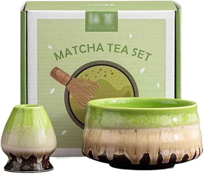 Ceramic Matcha Kit for Breakfast Afternoon Tea Contains Bowl Tea Brush Stand, Visiting Gifts Matcha Bowl Set Entertaining Guests Negotiating Business(Gradient Green-B)