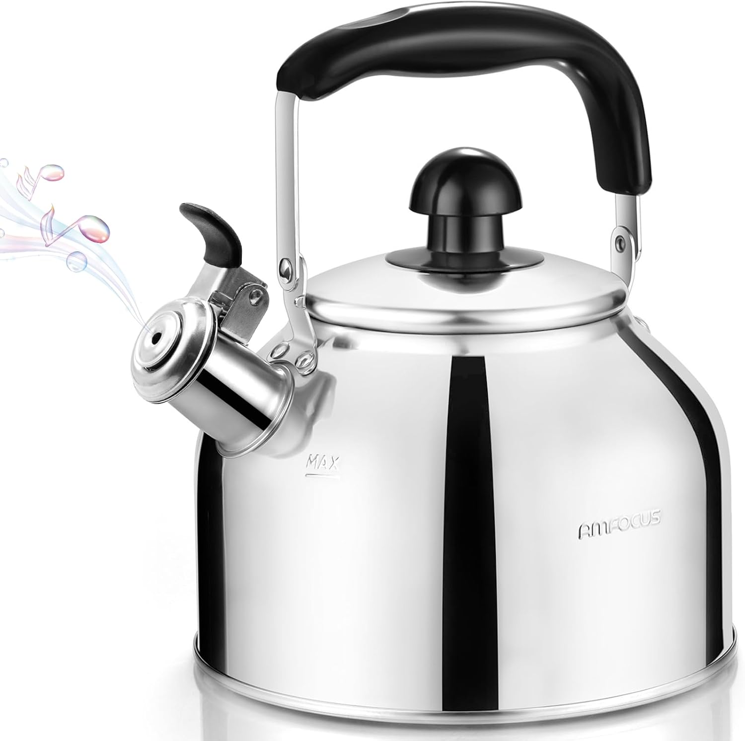 AMFOCUS Tea Kettle Stovetop, Whistling Tea Kettle Pots for Stove Top, 2.64 QT Food Grade Stainless Steel Teakettle Teapot with Cool Grip Folding Handle, Hot Water boiler for Tea, Milk, Coffee