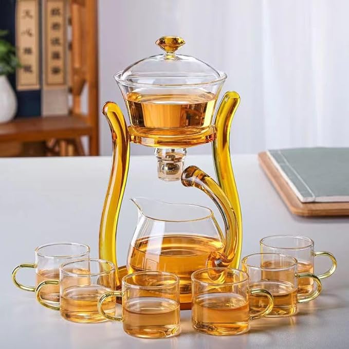 MOZEO Lazy Kungfu Teapot Glass Semi-automatic Tea Maker Suction Automatic Water Brewing Teapot Office Flower Glass Tea Set with 6pcs Cups