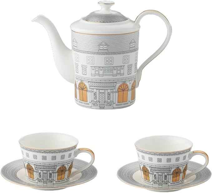 Domini Personalized Architectural Ceramic Tea Cup and Saucer Set,5-piece gift box set with 1 pot, 2 cups and 2 plates