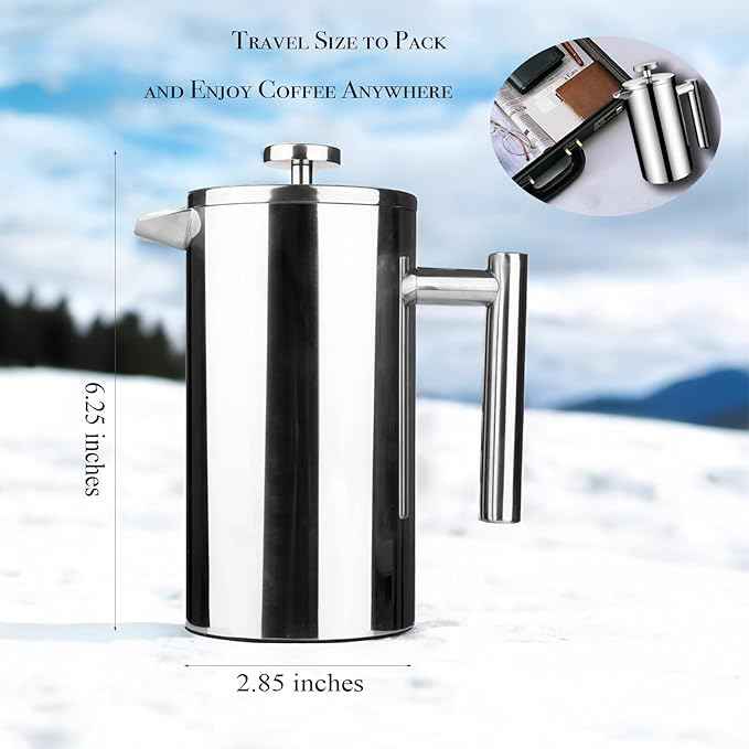 Small Stainless Steel French Press, 12oz Dual-Filter Coffee Plunger Pot Brewer and Maker for Individual Serving, Silver