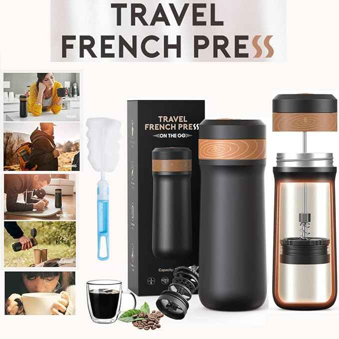 Sesama Classic Portable French Press Coffee Mug 12 oz with Carry Loop, Stainless Steel French Press Coffee Maker, BPA Free Great for Camping and Travel