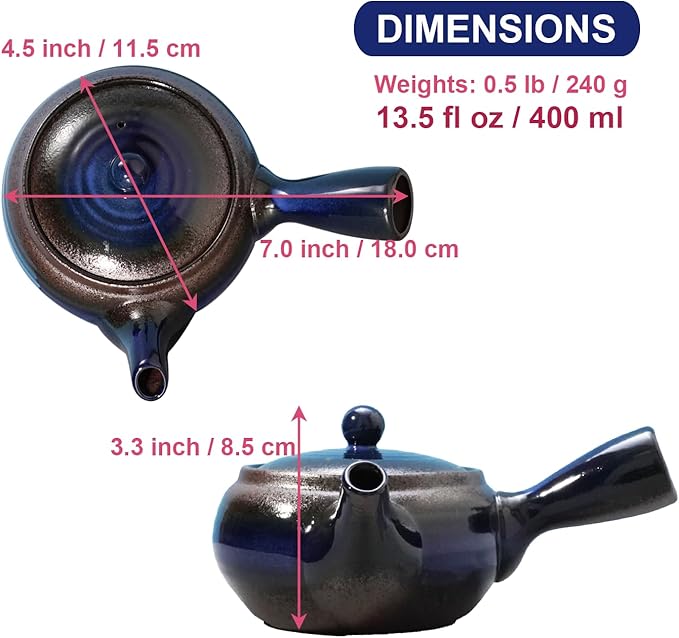 Banko-Yaki Japanese Tea Pot – Traditional Japanese Tea Kettle with Stainless Steel Bottom Strainer – Heat Resistant and Durable Ceramic Teapot for Deep Steamed Tea (Deep Blue)