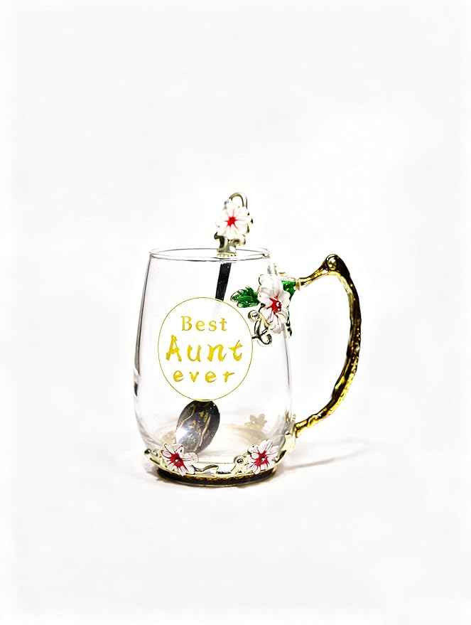 Best Aunt Ever Printed Flower Tea Glass - Hidden in Socks, Perfect Christmas Thanksgiving Gift for Aunt Auntie or Neighbor