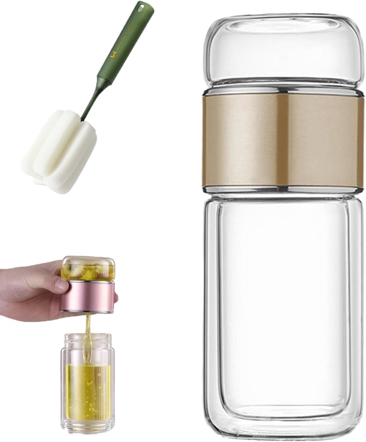 QUROXO 2025 New Tryteava Glass Infuser, Teava 3-In-1 Smart Tea Infuser with Cup Brush, Double-Layer Borosilicate Glass Tryteava Tea infusers Separation Cup (Gold, 420ml (14oz))