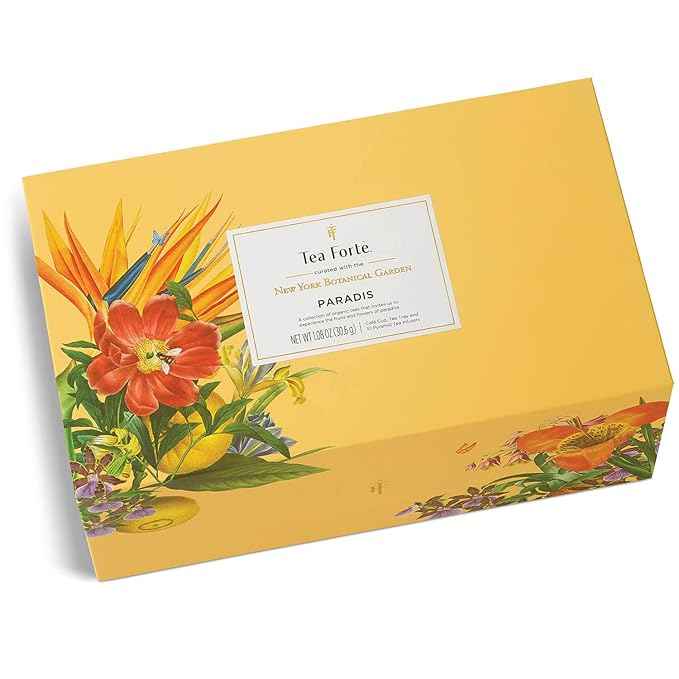 Tea Forte Paradis 3-Piece Premium Tea Gift Set with Mango Yellow Cafe Cup with Lid, Tea Tray and 10 Assorted 2 of Each Variety Organic Handcrafted Pyramid Infuser Tea Bags