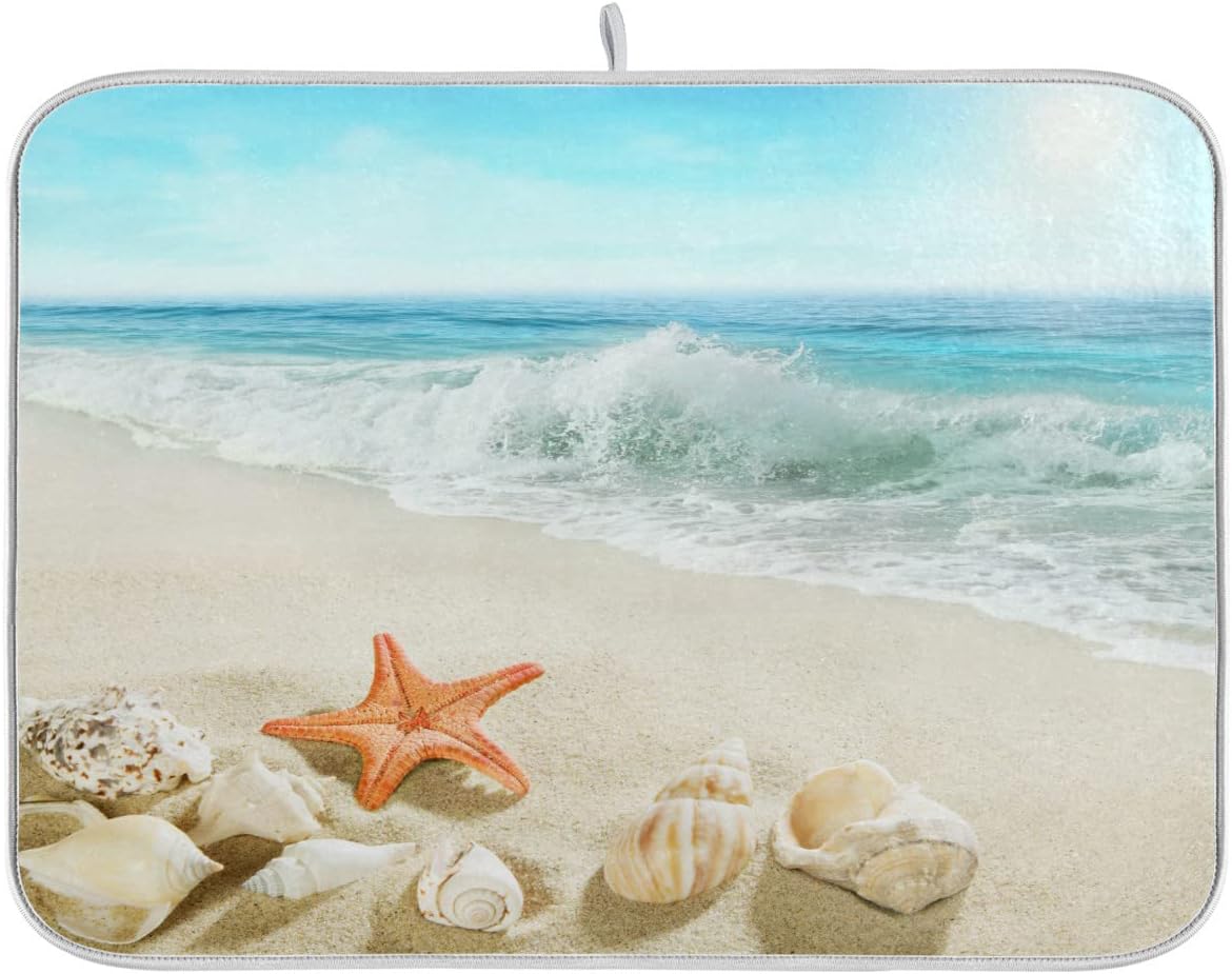 Summer Beach Dish Drying Mat 18 x 24 Inch Sea Wave Shells Starfish Drying Mat with High Absorbent Reversible Microfiber Kitchen Mat Dish Rack Pad Dish Drainer Mat for Kitchen Counter Coffee Bar