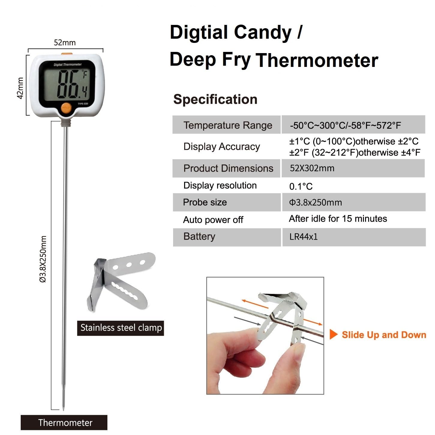 Candy Thermometer for Candy Making with Rotatable Large Display 10'' Long Probe,Digital Instant Read Candy Thermometer with Pot Clip,Candle Smoker, Oil Cooking (Blue)