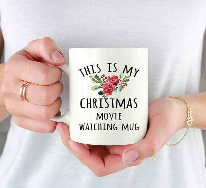Andaz Press Christmas Winter Holiday 11oz. Coffee Mug, This is My Christmas Movie Watching Mug, Florals, 1-Pack, Cozy Christmas Hot Chocolate Cup Ideas for Him Her Coworker