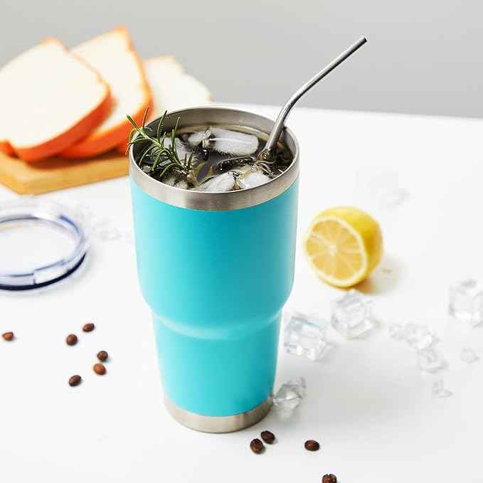 MEWAY 30oz Insulated Tumbler With Lids and Straws,Stainless Steel Double Vacuum Coffee Tumbler Cup, Brush, Durable Powder Coated Coffee Cup for Cold & Hot Drinks(Light Blue,8 PACK)