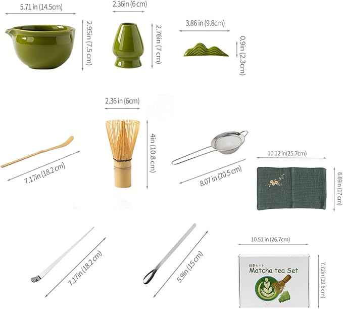 Matcha Whisk Set, 10 Pcs Matcha Set with Ceramic Bowl with Spout, Bamboo Whisk and Holder, Scoop, Sifter, Complete Matcha Kit for Traditional Japanese Tea Ceremony, Gift for Tea Lovers (Green)