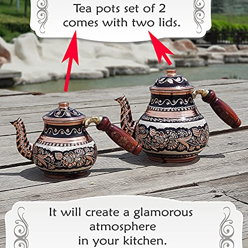 Copper Turkish Teapot Tea Kettle Pots Set for Stove Top Stovetop Decorative Infuser Vintage Antique Arabic Farmhouse Tray Cups Serving Party Moroccan Decor Style Persian Kitchen Fancy
