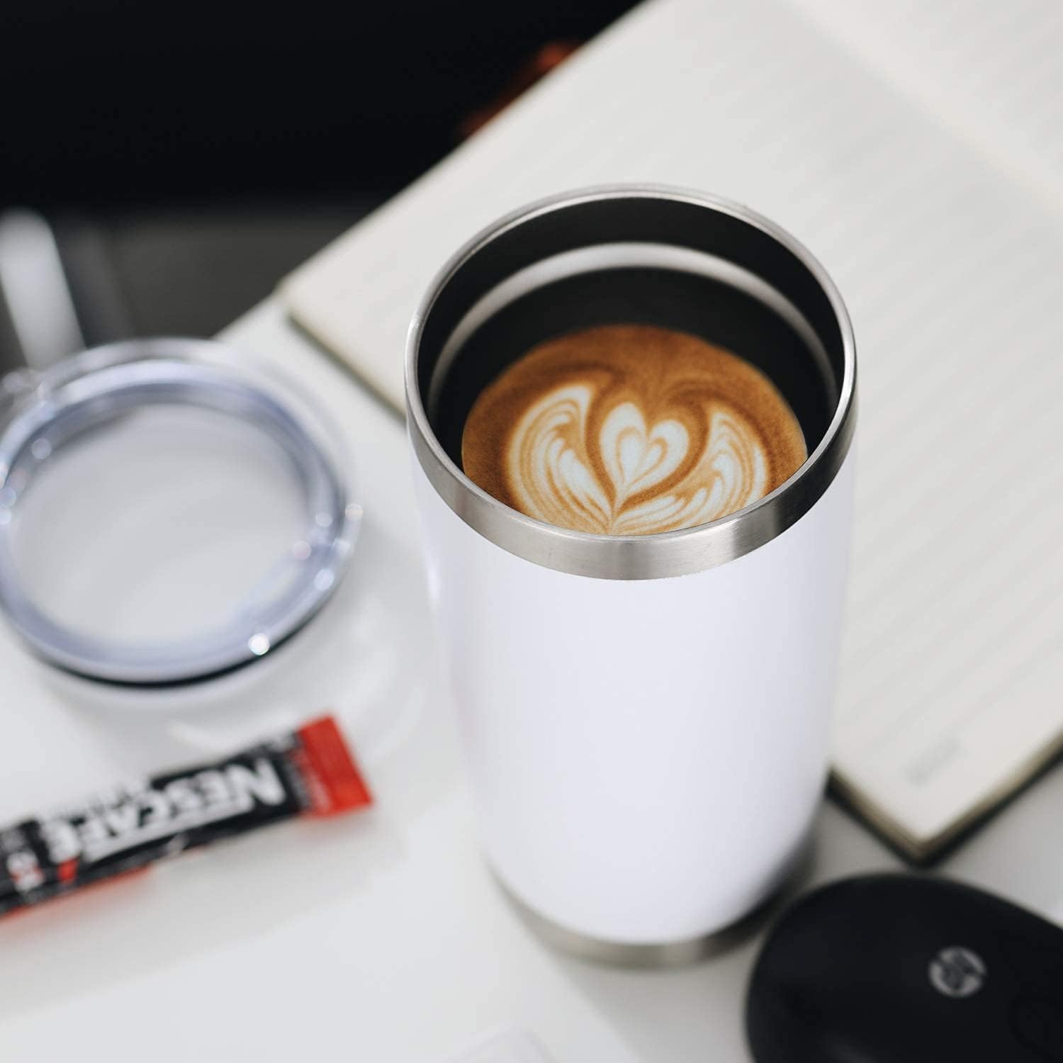 COMOOO 20oz/8Pack White Tumbler Double Wall Vacuum Insulated Coffee Travel Mug Stainless Steel Tumbler Bulk with Lid and Straw Powder Coated Insulated Coffee Cup for Cold & Hot Drinks (White, 8 Pack)