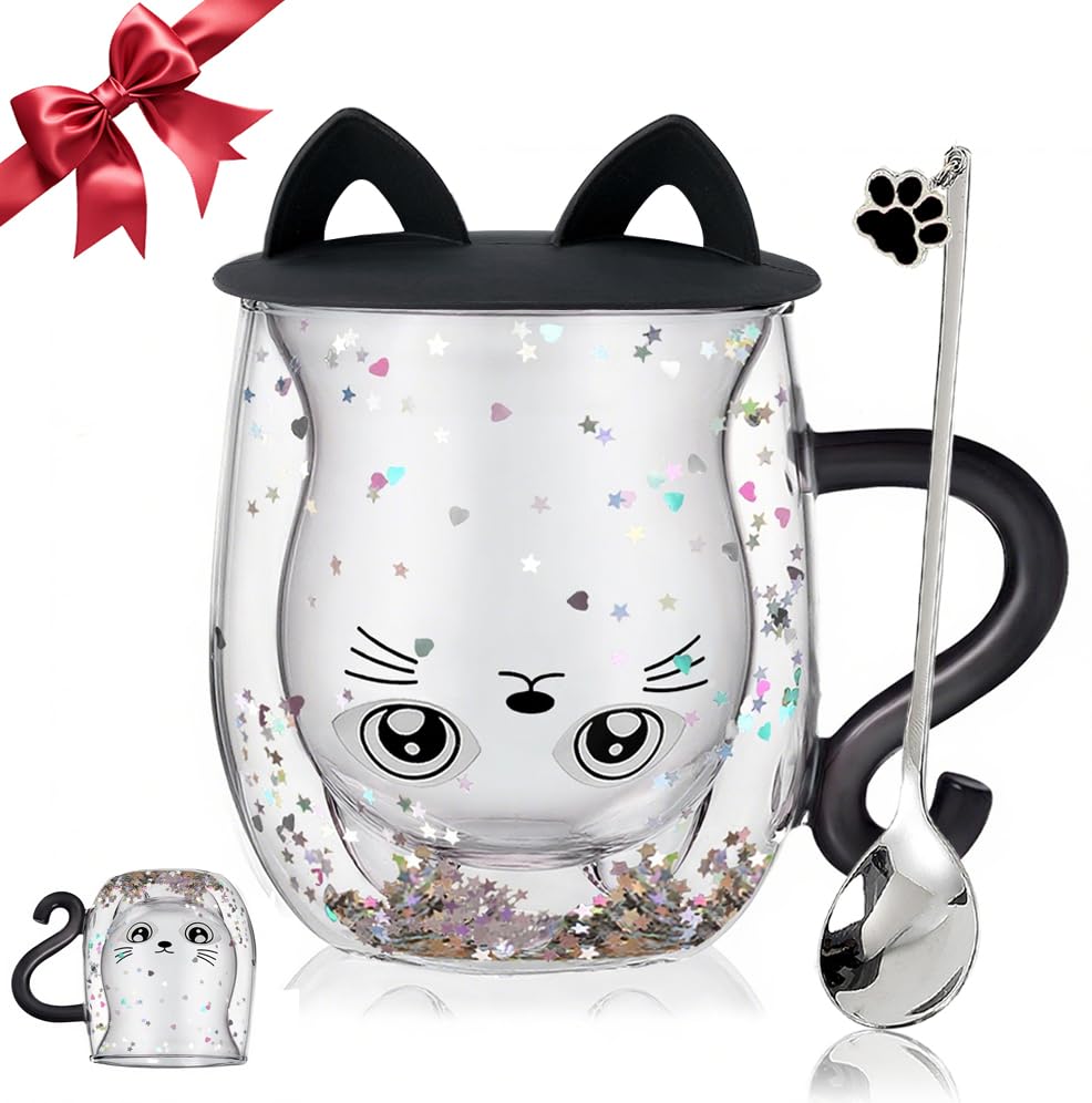 Glittery Black Cat Double Walled Glass Coffee Latte Cup