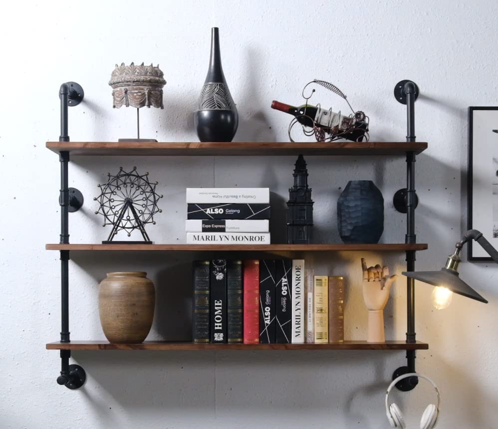 Industrial Pipe Wall Shelves Pipe Shelving with Real Wood Plank 36 Inches