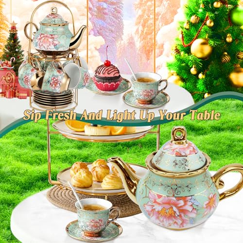 20 Pcs Porcelain Tea Set with Metal Holder (20 Count)