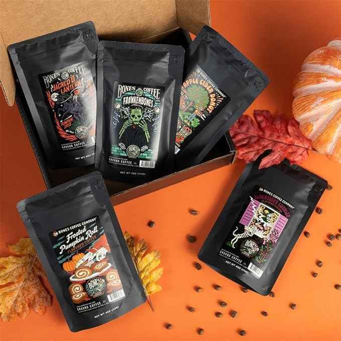 Bones Coffee Company Fall Favorites Pack, 5 Assorted Flavored Coffee Low Acid Medium Roast Arabica Beans Specialty Coffee Gifts, Auto Drip and French Press Compatible, 4 oz Pack of 5 Ground