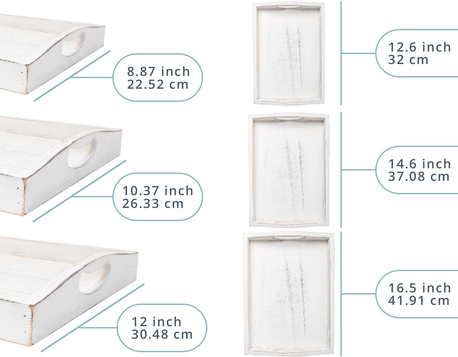 Serving Trays Set of 3 - Ottoman Wood Trays for Entertainment, Food and Decor - Rustic Farmhouse Distressed Wood Finish - Solid White
