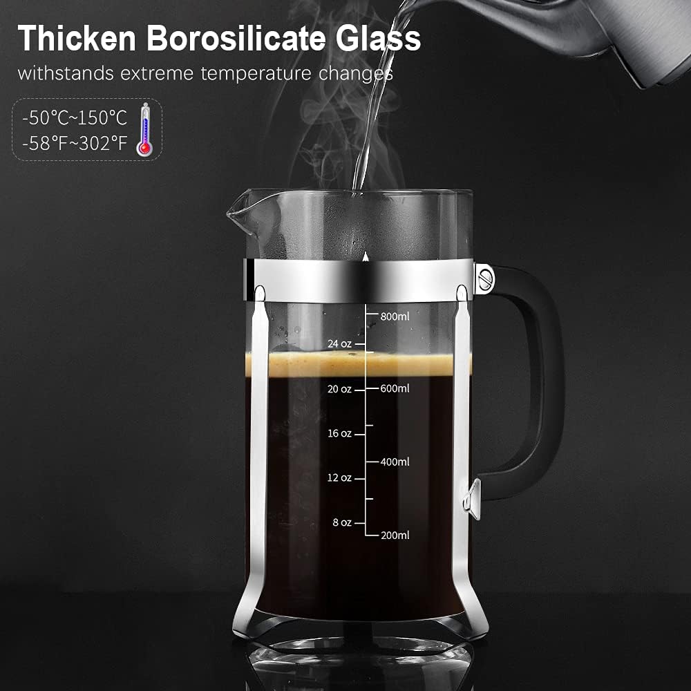QUQIYSO French Press Coffee Maker 34oz 304 Stainless Steel French Press with 4 Filter, Heat Resistant Durable, Easy to Clean, Borosilicate Glass Coffee Press, 100% BPA Free Glass Teapot, Silver - Blissbrew
